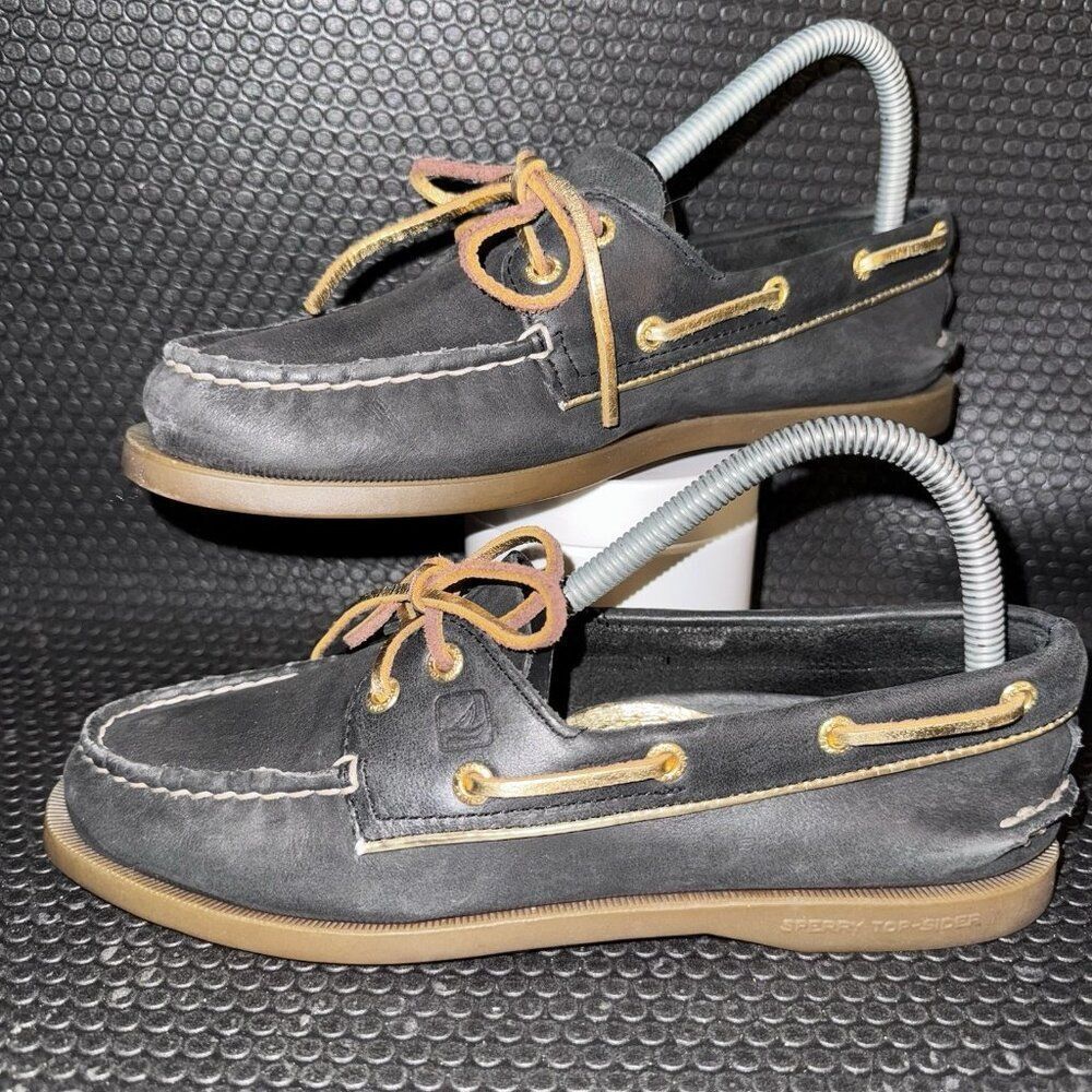 Sperry Top Sider Black Leather Gold Boat Summer Slip On Shoes Women’s Size 8M